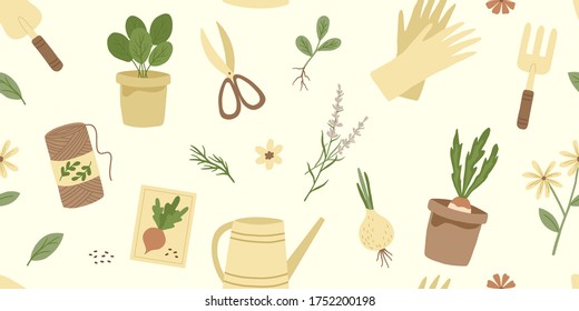 Seamless pattern with gardening tools, flowers and plants. Backyard hobby equipment banner. Vector garden illustration. 