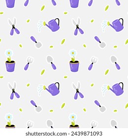 Patrón sin costuras con herramientas de jardinería y flores. Ilustración vectorial.