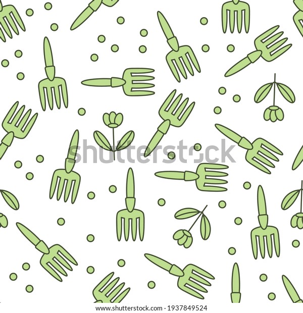 Seamless pattern with\
gardening tools and flowers. . Vector background. The concept of\
working in the\
garden.
