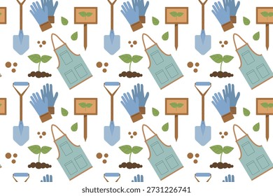 Padrão perfeito com ferramentas de jardinagem e brotos verdes. Série de verão de ilustrações planas. Ferramentas para o cultivo de plantas, jardinagem e horticultura.