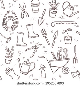 Nahtlose Muster von Gartenwerkzeugen im handgezeichneten Doodle-Stil. Durchlaufender Druck verschiedener Agrar- und Gartenwerkzeuge für die Federarbeit. Vektorgrafik einzeln auf weißem Hintergrund.  