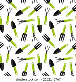 Patrón sin problemas con herramientas de jardinería. Cultivador de mano, Trowel, rake. Flor y jardinería coloridas, pasatiempos y actividades al aire libre. Ilustración vectorial para papel tapiz, textil, embalaje