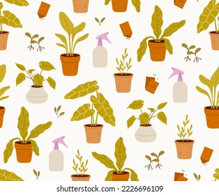 Seamless pattern of gardening tools, house plants, seedlings, and seeds. Plants in pots and hand Sprayer. Concept of eco gardening, tools for growing plants, houseplants, composting. 