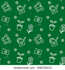 Seamless pattern with gardening tools. Isolated working equipment on green background. Vector illustration for wallpaper.