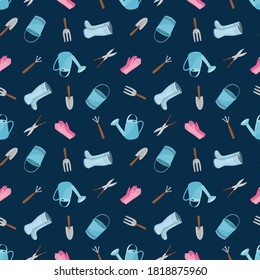 Herramientas de jardinería de patrón sin inconvenientes sobre fondo azul oscuro. Cubierta de riego, guantes, botas, tijeras, ilustración del vector de palas