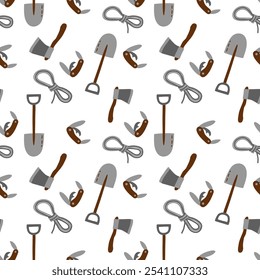 Seamless pattern of gardening tools on white background.