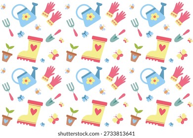 Padrão sem costura com ferramentas de jardinagem em fundo branco. Padrão de primavera com instrumentos de jardinagem. Ancinho, pá, regador, flores, vasos de flores, luvas, botas de borracha. Estilo doodle flat. Ilustração vetorial.