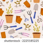 Seamless pattern of gardening tools. Plants in pots, seedlings, seeds, scissors, shovel, pitchfork, pruner. Concept of eco gardening, tools for growing plants, houseplants, composting. 