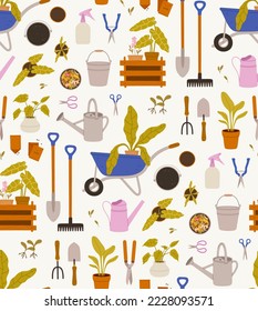 Seamless pattern of gardening tools. Plants in pots, watering can, seedlings, seeds, scissors, shovel, pitchfork, watering can, bucket, wheelbarrow, wooden box, garden scissors, composter, shovel.