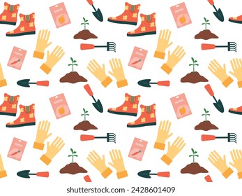 Seamless pattern with gardening tools, seeds, rubber boots, sprout and seed packets. Vector illustration on transparent background for clothing design, textile, wrapping paper, wallpaper, background