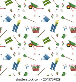 Seamless pattern with gardening Tools. Shovel and garden boots, watering can, wheelbarrow on the background. Flowers in pots, tulips, daffodils, green grass Vector.