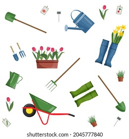 Patrón sin inconvenientes con las herramientas de jardinería. Crecer. Aislada sobre palas blancas de fondo y botas de jardín, lata de agua, mientras que de fondo. Flores en macetas, tulipanes, daffodils, vectores de hierba verde.