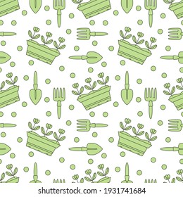 Seamless pattern with gardening tools and Sowing seeds, growing seedlings. Planting seedlings in a box.