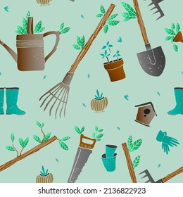 Seamless pattern. Gardening Tools.   Spring theme. Vector design. Paper, textile, package, wrapping paper, print.