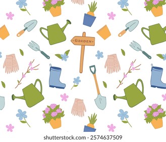 Seamless pattern with gardening tools. Vector hand drawn colored cute icon equipment and flowers on white background. Spring repeated background for wrapping, textile or web. 