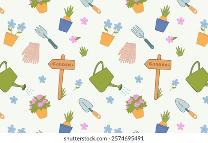 Seamless pattern with gardening tools. Vector hand drawn colored cute icon equipment and flowers on white background. Spring repeated background for wrapping, textile. 