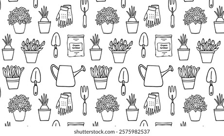 Seamless pattern with gardening tools. Vector hand drawn cute icon equipment and flowers on white background. Plant care.Spring repeated background for wrapping, textile.