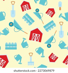 Seamless pattern gardening tools, wheelbarrow, watering can, fence, barn, shovel and rake in cartoon children's style. Gardening and gardening on a home plot or farm. Pattern for packaging textiles.
