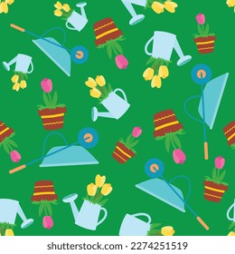 Herramientas de jardinería sin costura, carretillas, riego con flores y avena al estilo de los niños dibujando dibujos animados. Jardinería y jardinería en una parcela o granja. Patrón para los textiles para embalajes.