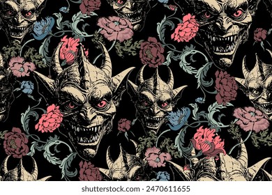 Seamless pattern of gargoyle and flowers. Suitable for fabric, mural, wrapping paper and the like.