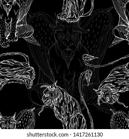 Seamless pattern with Gargoyles. Vector hand drawing illustration. Black and white. Medieval beasts.  