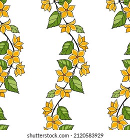 Seamless pattern with a garland of decorative flowering branches with yellow flowers, foliage on a white background. 