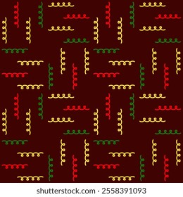 Seamless pattern with a garland of different colors, squares on a burgundy background