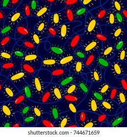 Seamless pattern with garland of light bulbs. Cute background with bright electrical bulbs. Vector cartoon illustration for wrapping, textile and backdrops