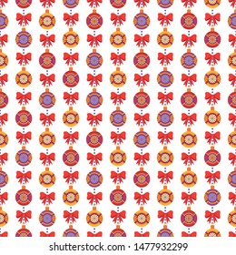Seamless pattern with garlands from bright balls in red, yellow and lilac colors and red bows on white background