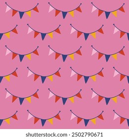 Patrón sin fisuras con guirnaldas sobre fondo rosa. Perfecto para saludos de cumpleaños, Fondo de pantalla, papel de embalaje de vacaciones, tela. Ilustración vectorial