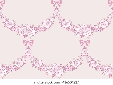 Seamless pattern with garlands of roses and bows. Vector floral pink background or border.