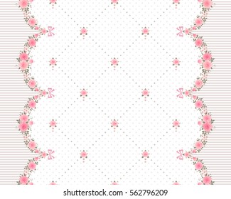 Seamless pattern with garlands of roses and bows. Vintage polka dot, rhombus background. Vector floral border.