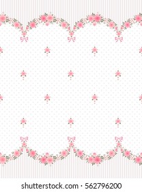 Seamless pattern with garlands of roses and polka dot striped vintage background. Vector floral border.