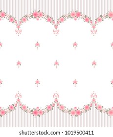 Seamless pattern with garlands of roses in striped vintage background. Vector floral border. Shabby chic style.