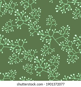 Patrón sin foco con guirnaldas de hojas pequeñas, musgo. La textura de los vectores es verde claro y blanco. Prensa textil, telas, fondos, accesorios, papel de embalaje, papel pintado.