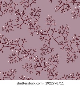 Seamless pattern with garlands of small leaves, moss. The texture of the vectors is pastel purple and white. Print textiles, fabrics, backgrounds, wrapping paper, wallpaper.
