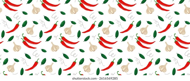 Seamless pattern of garlic, basil leaves and hot pepper. Concept of kitchen, food, cooking. Sample in swatches