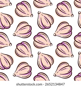 Seamless pattern of garlic bulb in flat style on white background. Perfect for food, spice cuisine, kitchen, vegetable and culinary theme design.