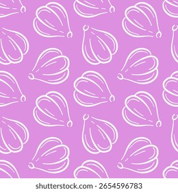 Padrão contínuo de bulbo de alho em estilo de arte de linha em fundo rosa. Ideal para o livro culinário, pacote de especiarias, comida e design de papel de parede da cozinha.