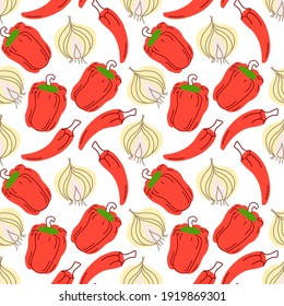 Seamless pattern with garlic, chili peppers, paprika on a white background. Vector illustration of ingredients for food background in a flat doodle style.