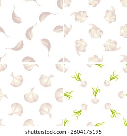Seamless pattern with garlic cloves, heads and green sprouts showing different stages of growth