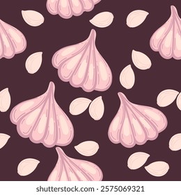 Seamless pattern of garlic cloves in soft pink hues on a dark background. Perfect for food packaging or culinary-themed designs. Vector illustration