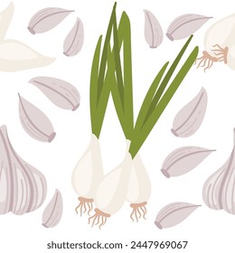 Seamless pattern of garlic with green stem spicy edible root vector illustration on white background