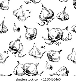 Seamless pattern. Garlic hand drawn vector illustration set. Farm market product