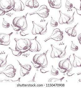 Seamless pattern. Garlic hand drawn vector. Farm market product