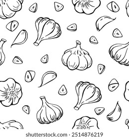 Nahtloses Muster mit Knoblauch. Handgezeichnete Vektorgrafik.