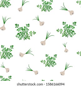 Seamless pattern with garlic heads and parsley herb