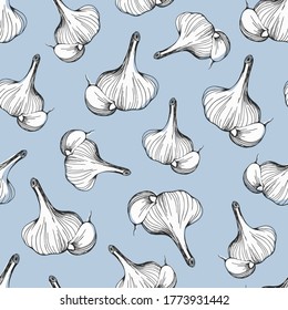  nahtloses Muster von Knoblauch auf blauem Hintergrund. Design für Druck, Papier und Textilien. Handgezeichnetes Knoblauchmuster