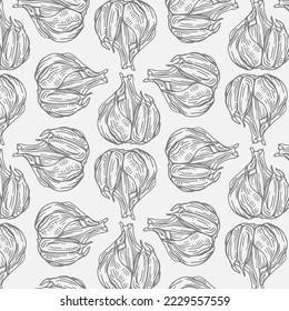 seamless pattern of garlic on a white background.A simple pattern of garlic.Hand-drawn vector illustration in the Doodle style.Head of garlic