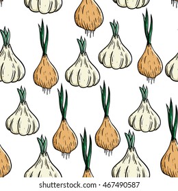 Seamless pattern of garlic and onion using doodle art or hand drawing style